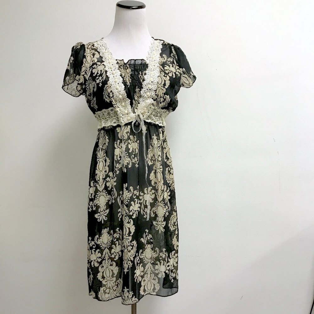 vintage sheer black floral cream lace midi dress S short sleeve